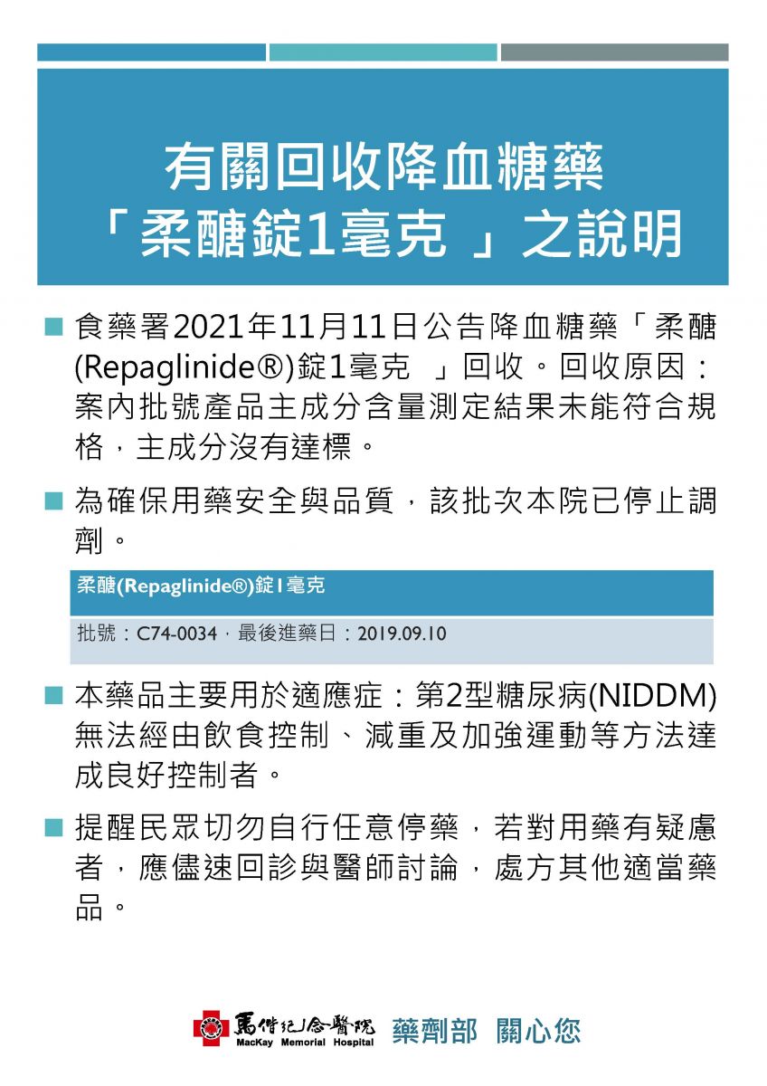 有關回收降血糖藥「柔醣錠1毫克 」之說明說明圖片