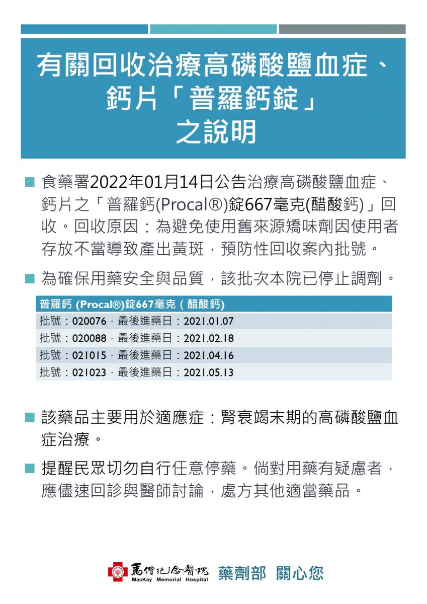 有關回收治療高磷酸鹽血症、鈣片「普羅鈣錠」之說明說明圖片